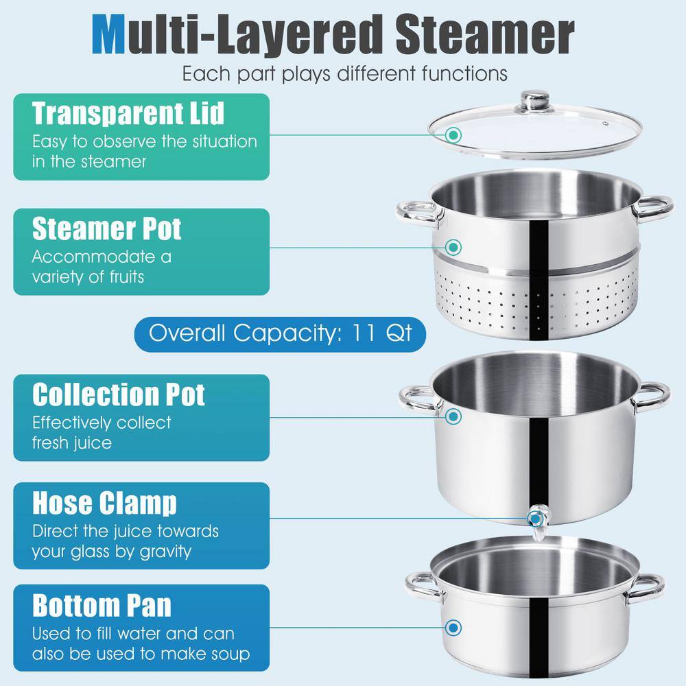 ANGELES HOME 11 qt. Stainless Steel Multi-Lever Fruit Juicer Steamer Stock Pot M46-8KC721