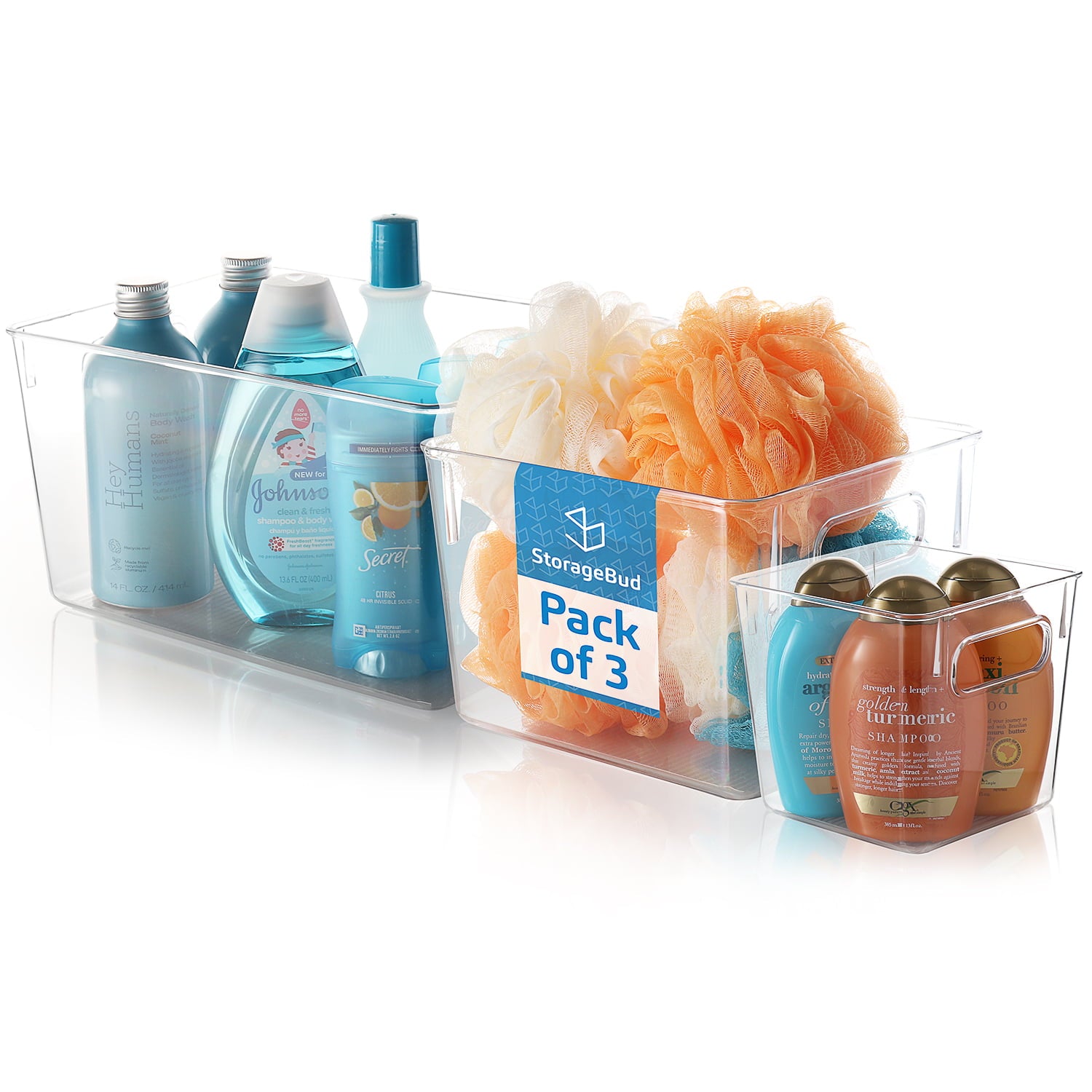 EatEx 3 Pack Clear Plastic Bathroom Vanity Storage Bin with Handles - Container Organizer for Soaps， Shampoos， Conditioners， Cosmetics， Hand Towels， Hair Brush， Body Spray， Lotion and More