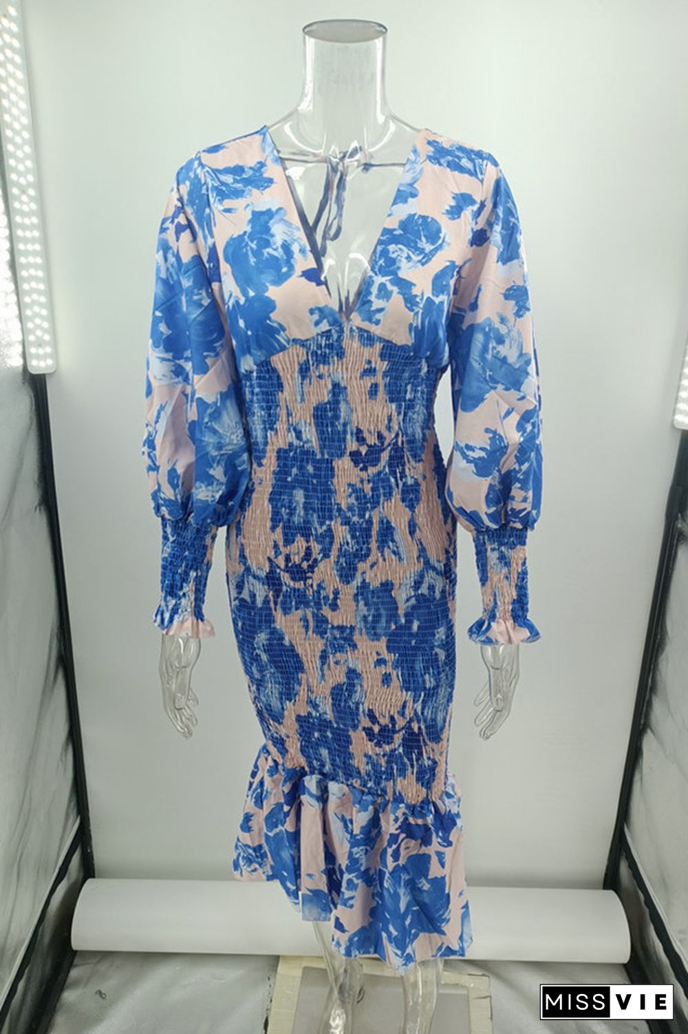 Deep V Neck Floral Print Balloon Sleeve Slim Dress