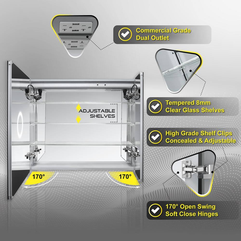 DECADOM AURA 36 in.W x 30 in.H LED Medicine Cabinet Recessed Surface Clock Dimmer Defogger Cosmetic Mirror Outlet USB AURA3630DD