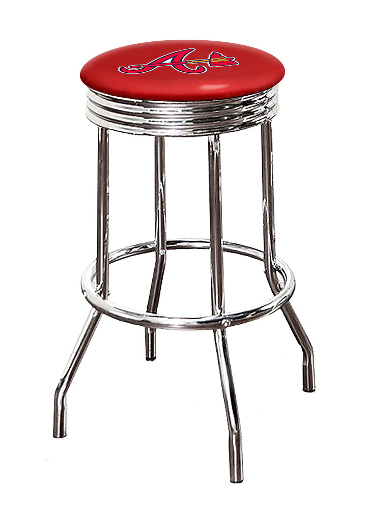 The Furniture King Bar Stool 24 or 29 Tall Backless Chrome Metal Stool Featuring Your Favorite Baseball Team Logo on a Colored Vinyl Swivel Seat Cushion - Braves on Red