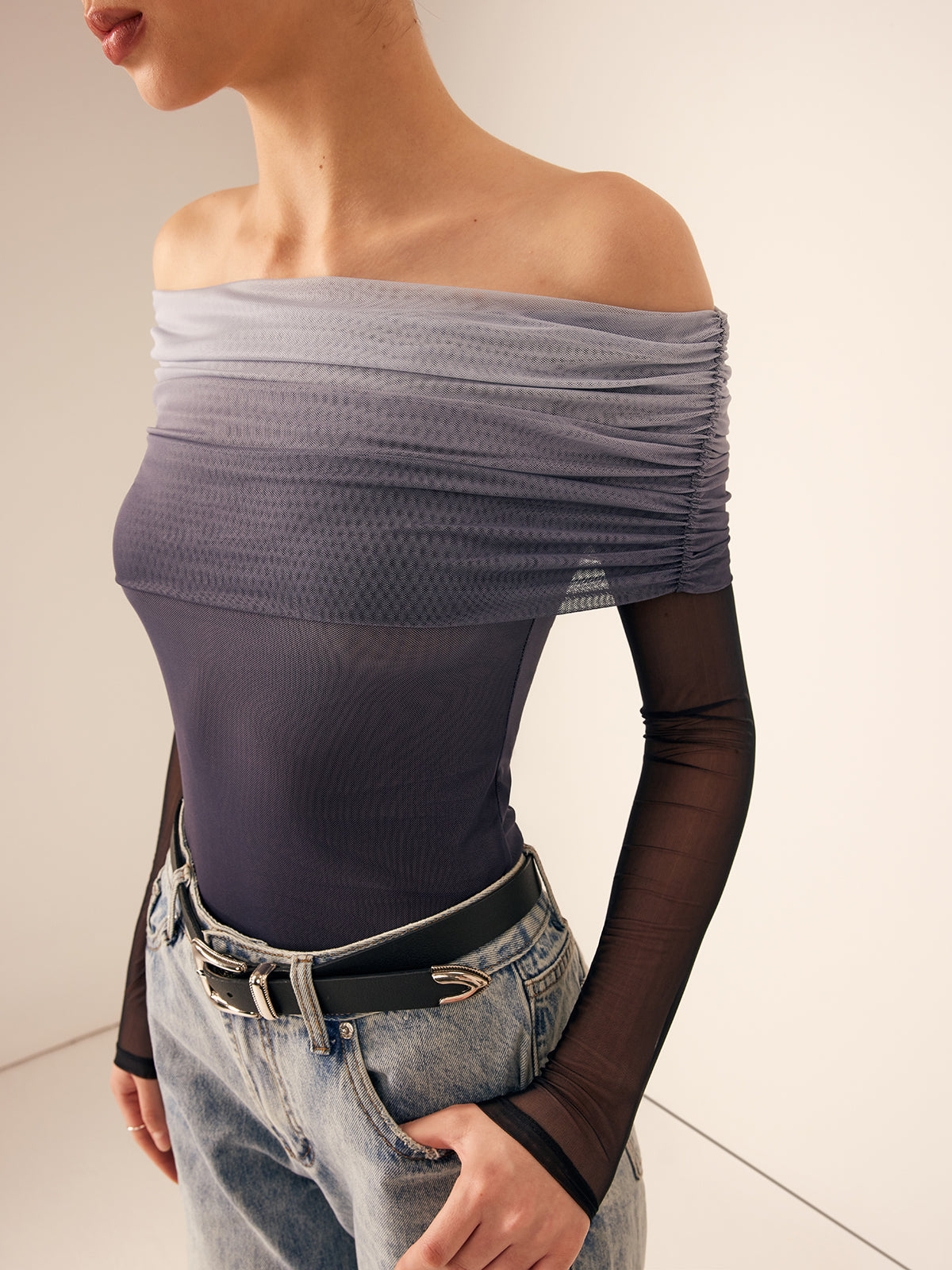Mesh Ruched Off Shoulder Ombre Blouse