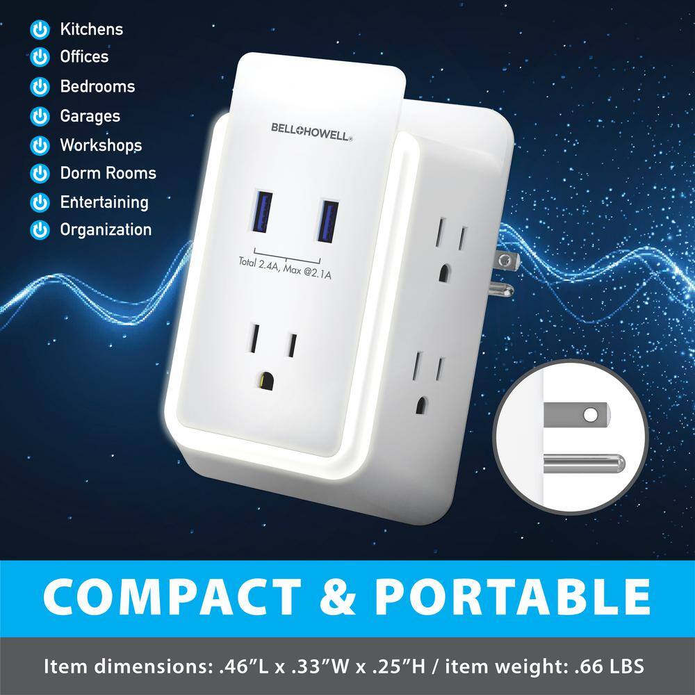 Bell + Howell Wall Power 5 Power-Outlets2 USB Ports Surge Protection Wall Adapter Tap with Nightlight and Docking Shelf 7908