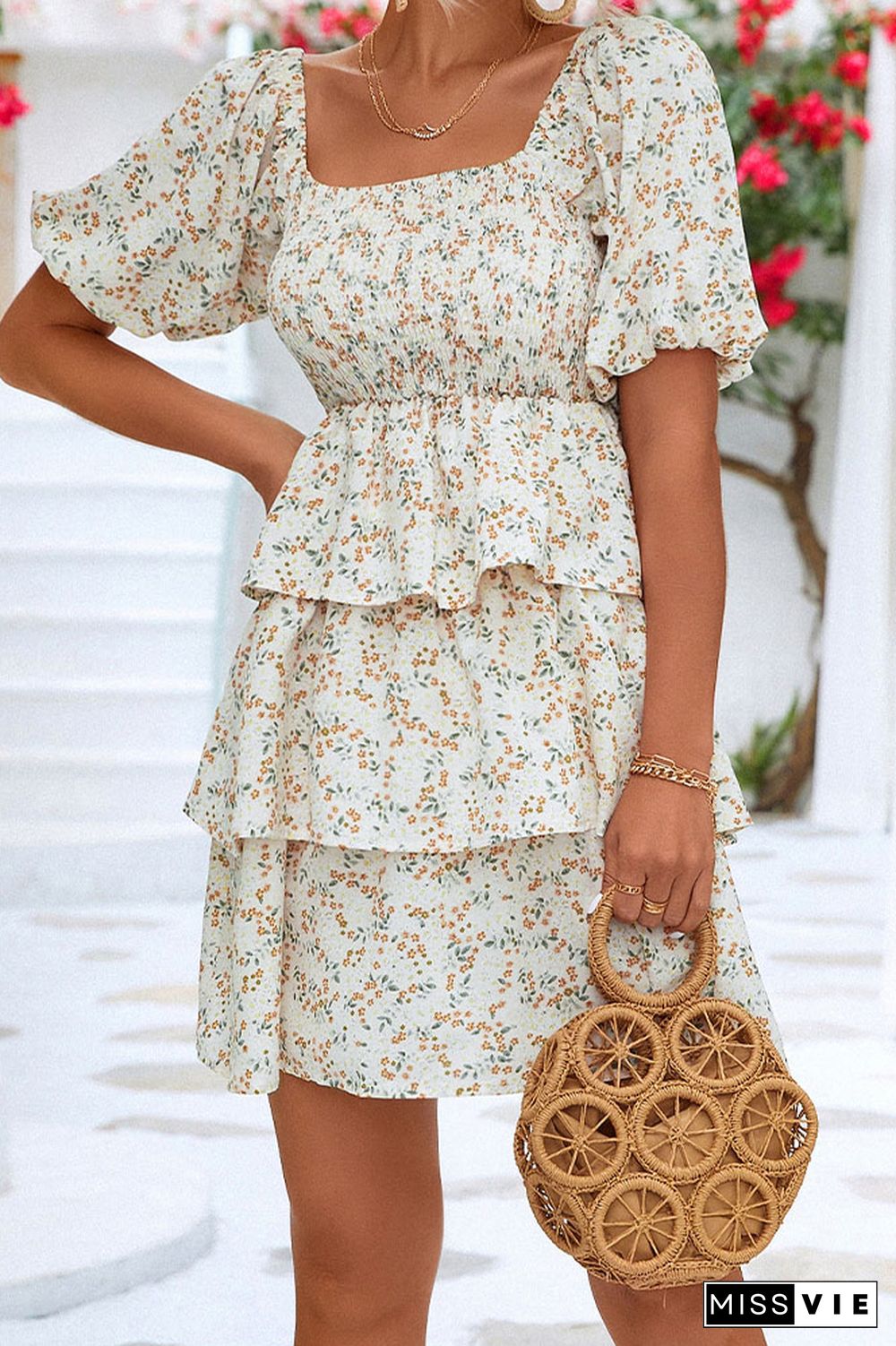 Smocked Square Neck Tiered Floral Dress