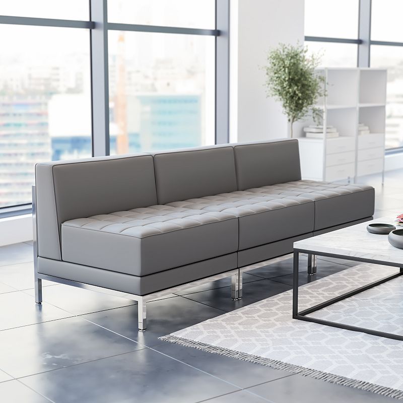 Emma and Oliver 3 Piece Gray LeatherSoft Modular Reception Lounge Set - Reception Bench