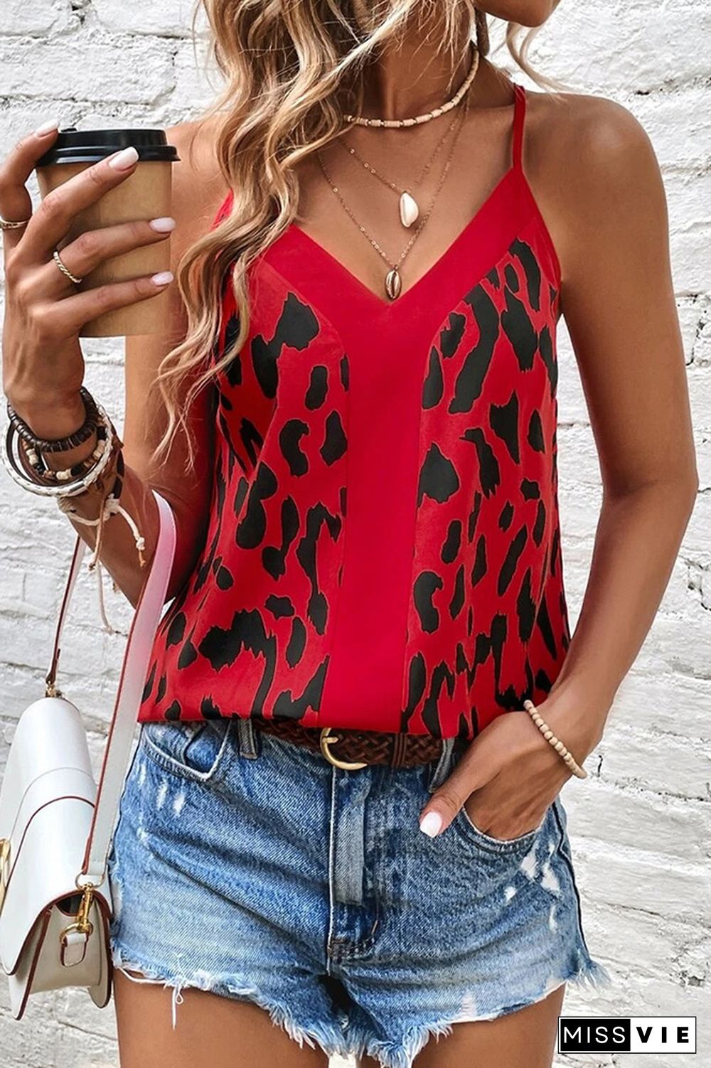 V Neck Leopard Spaghetti Cami Top