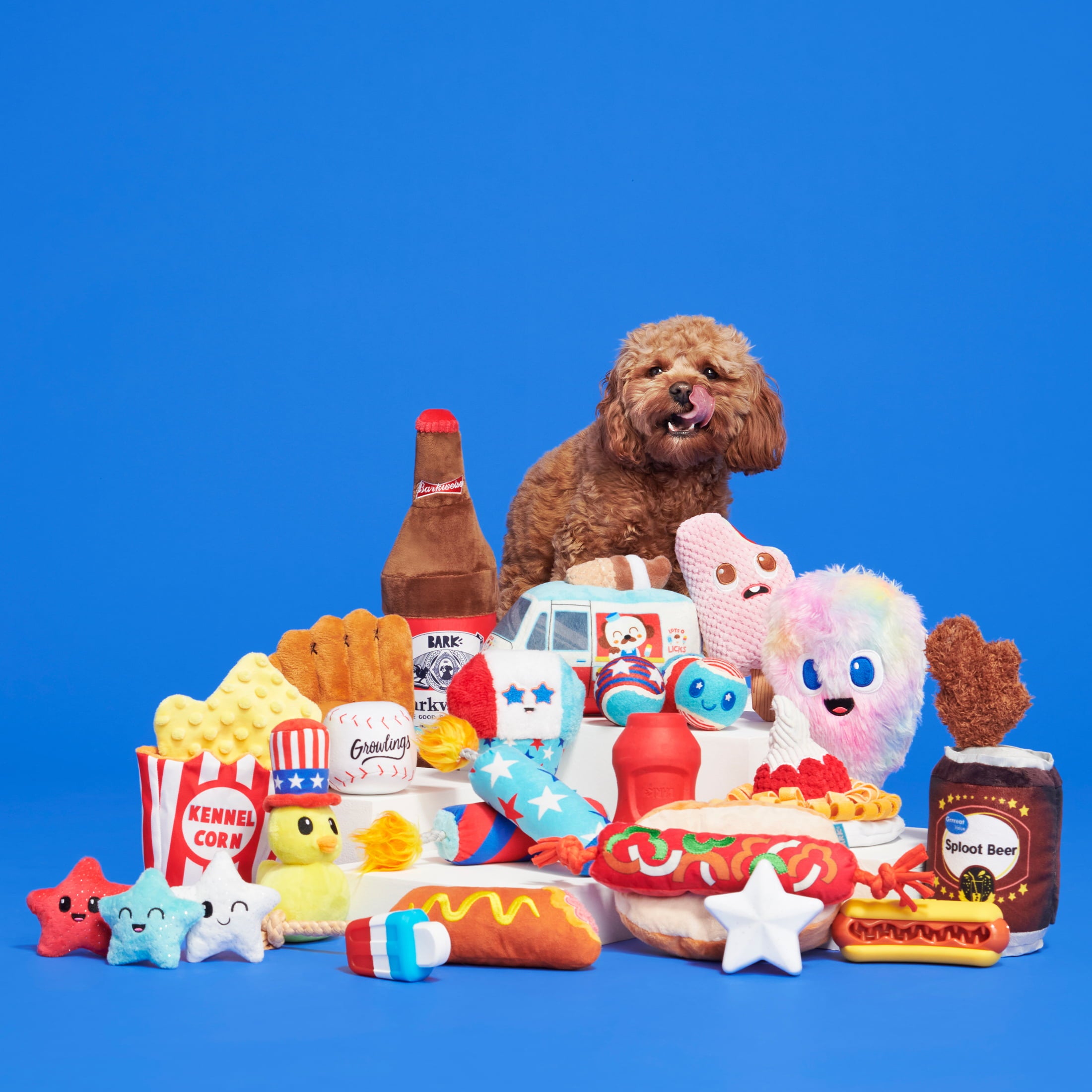 BARK Cotton Candy Eyed Joe - Yankee Doodle Dog Toy， with Bonus Spiky Squearker Ball， all Dog Sizes