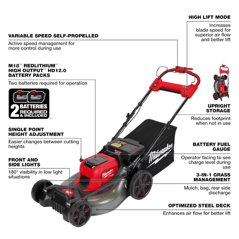 MW M18 FUEL Brushless Cordless 21 in. Dual Battery Self-Propelled Lawn Mower w Blower  (2) 12.0Ah Batteries 2823-22HD-2724-20