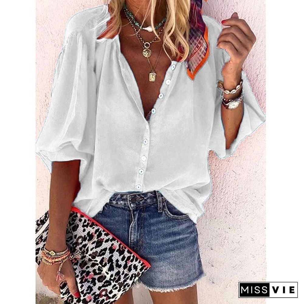 Spring Summer Tops Plus Size Fashion Clothes Women's Causal Long Sleeve Tee Shirts Solid Color Loose T-shirts Ladies Button Up Shirts Deep V-neck Pleated Chiffon Blouses XS-8XL