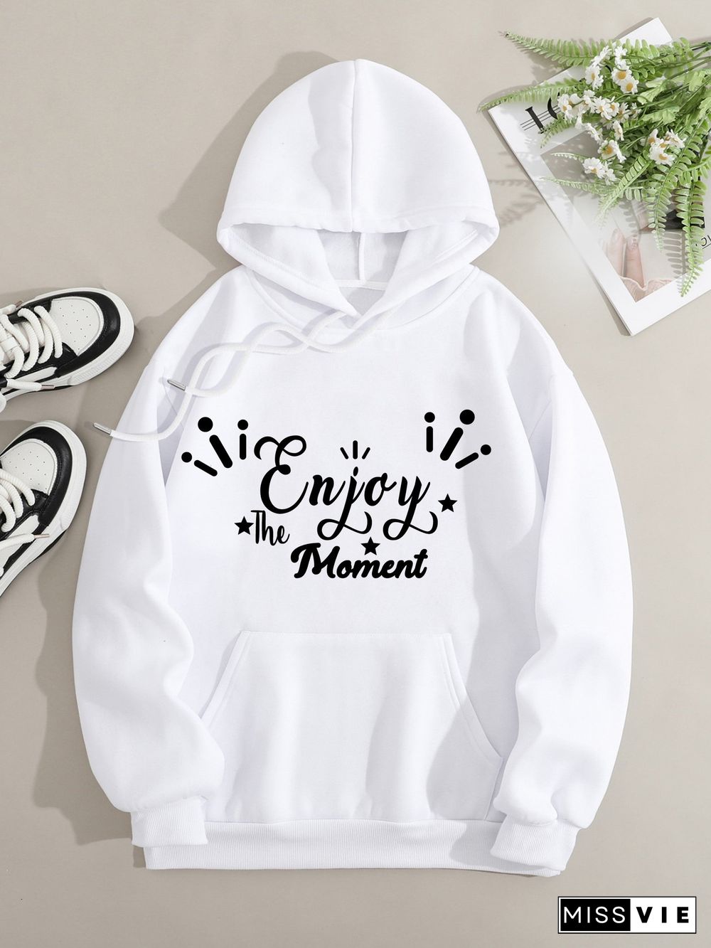 Printed on front Kangaroo Pocket Hoodie Long Sleeve for Women Pattern Enjoy the Moment