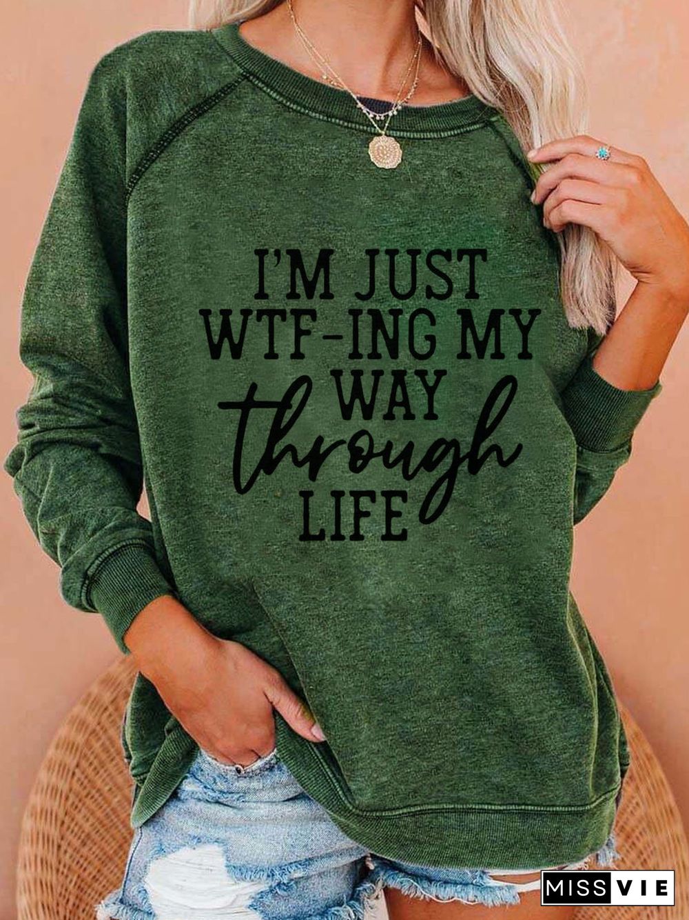 Women Green Casual Letter Sweatshirts