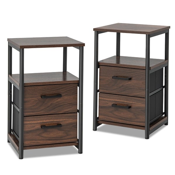 Gymax 2PCS Nightstand Bedside End Table with 2 Fabric Drawers and