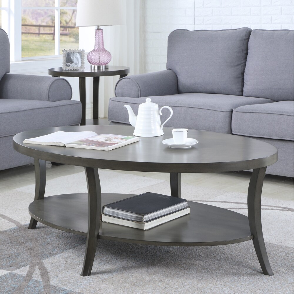 Roundhill Furniture Perth Contemporary Oval Shelf Coffee Table Set  Gray