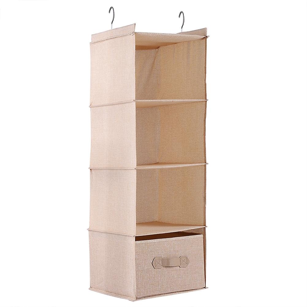 Hanging Closet Organizer Clothes Clothing Storage Holder 4 Shelves with Drawer (Beige)