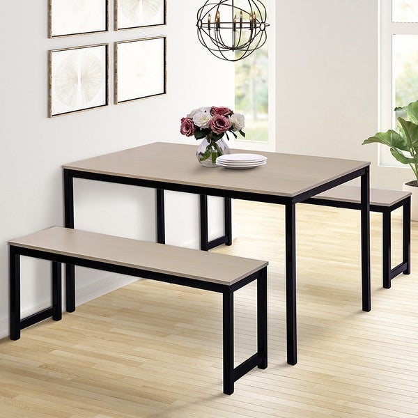 3 Pieces Dining Table and Chair Set， Dining Table with Two Benches， Black