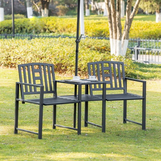 Outsunny Metal Garden Bench With Middle Table And Umbrella Hole 2 in 1 Double Patio Chairs Outdoor 2 person Tete a tete Slatted Black