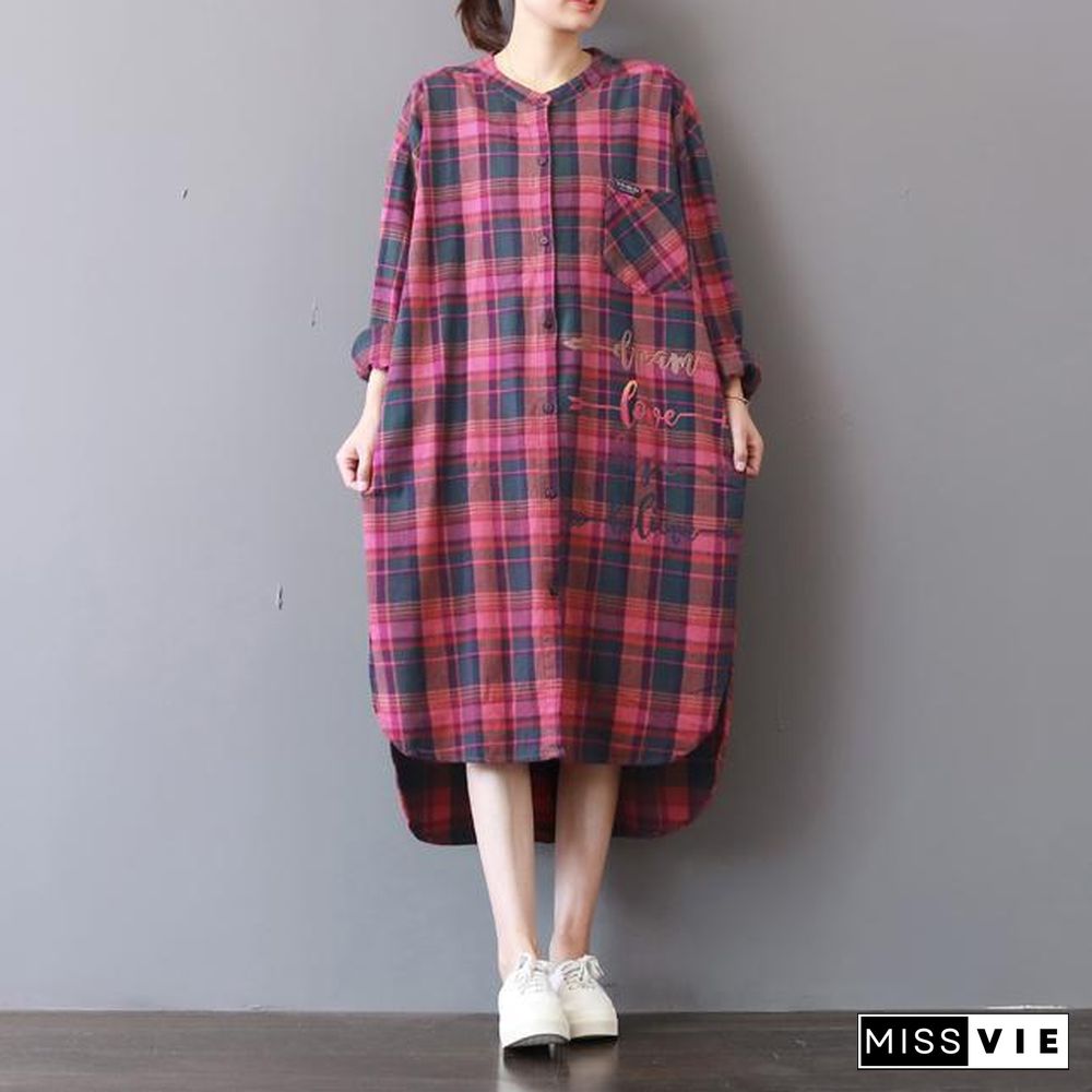 fashion plaid prints cotton caftans Loose fitting cotton clothing shirt dress New low high design kaftans