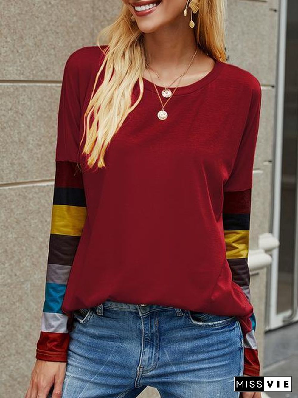 Casual Round Neck Striped Long Sleeve T-Shirt