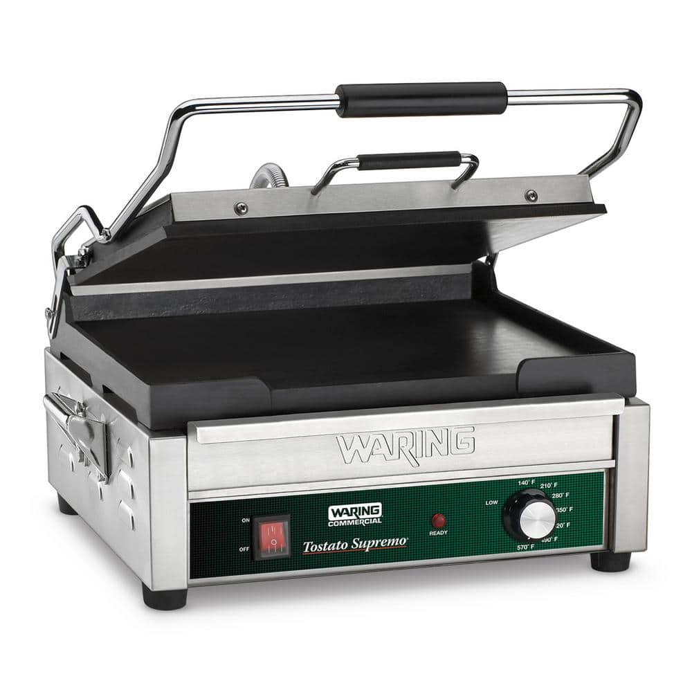 Waring Commercial Tostato Supremo Large Flat Panini Grill Silver 120-Volt 14.5 in. x 11 in. Cooking Surface WFG250