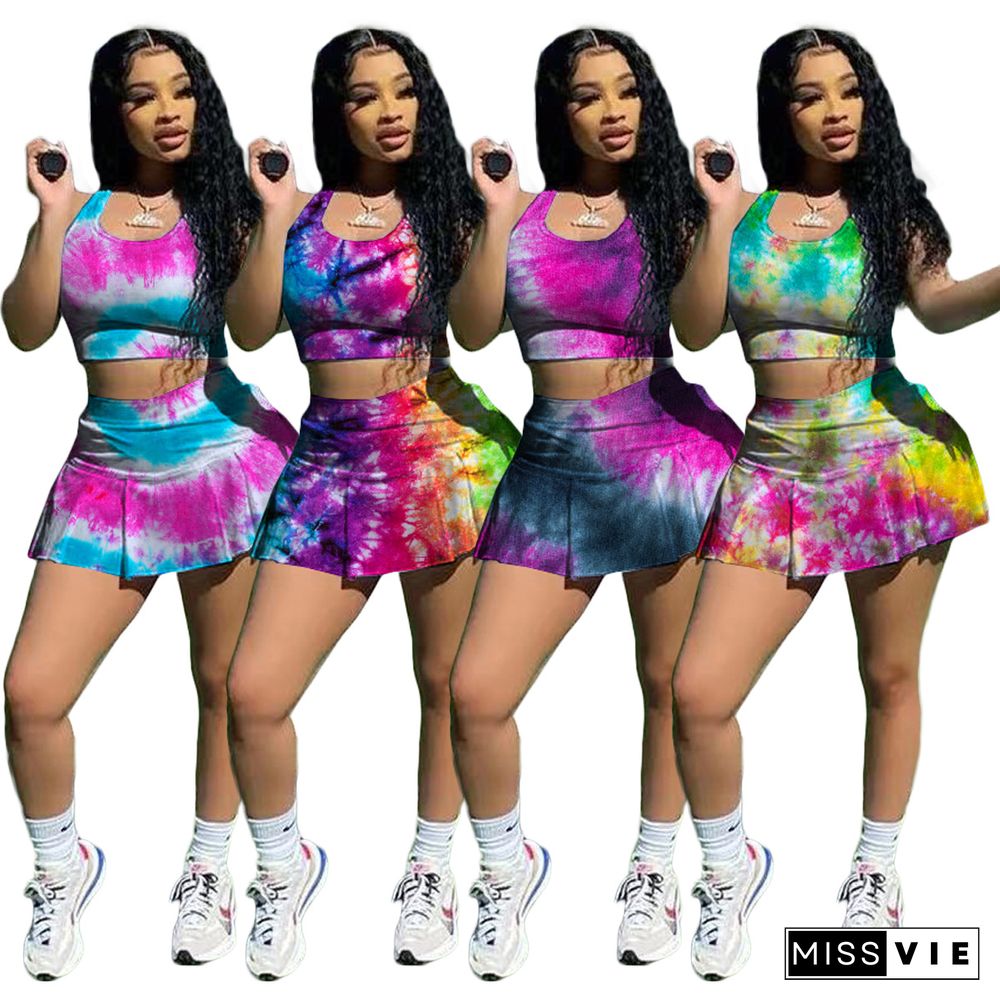 Tie Dye Print Sleeveless Crop Tank Tops Pleat Mini Skirts Women Summer Sporty Outfit Two Piece Sets