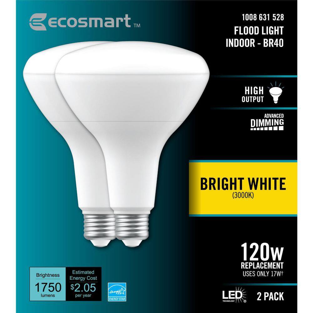 EcoSmart 120-Watt Equivalent BR40 Flood Energy Star Dimmable CEC LED Light Bulb Bright White (2-Pack) FG-04306