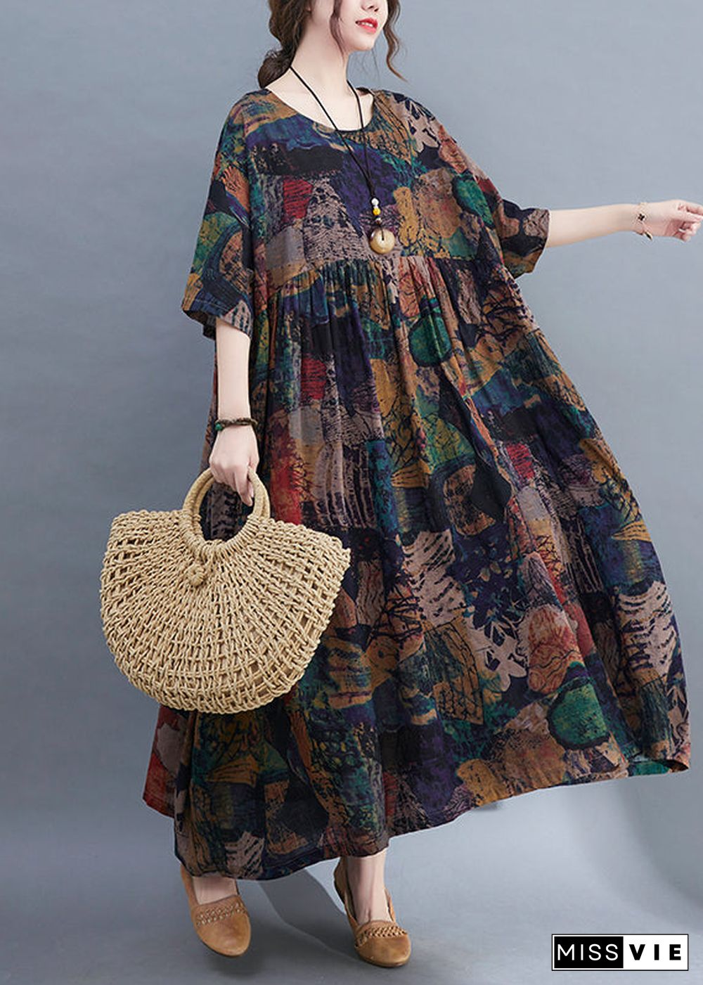 Original Design O-Neck wrinkled Print Loose Long Dress Short Sleeve