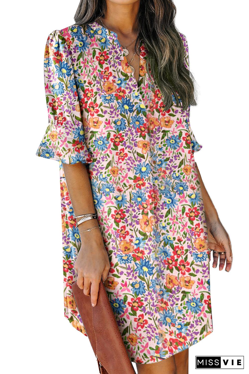 Boho Floral Printed Flutter Sleeve Dress