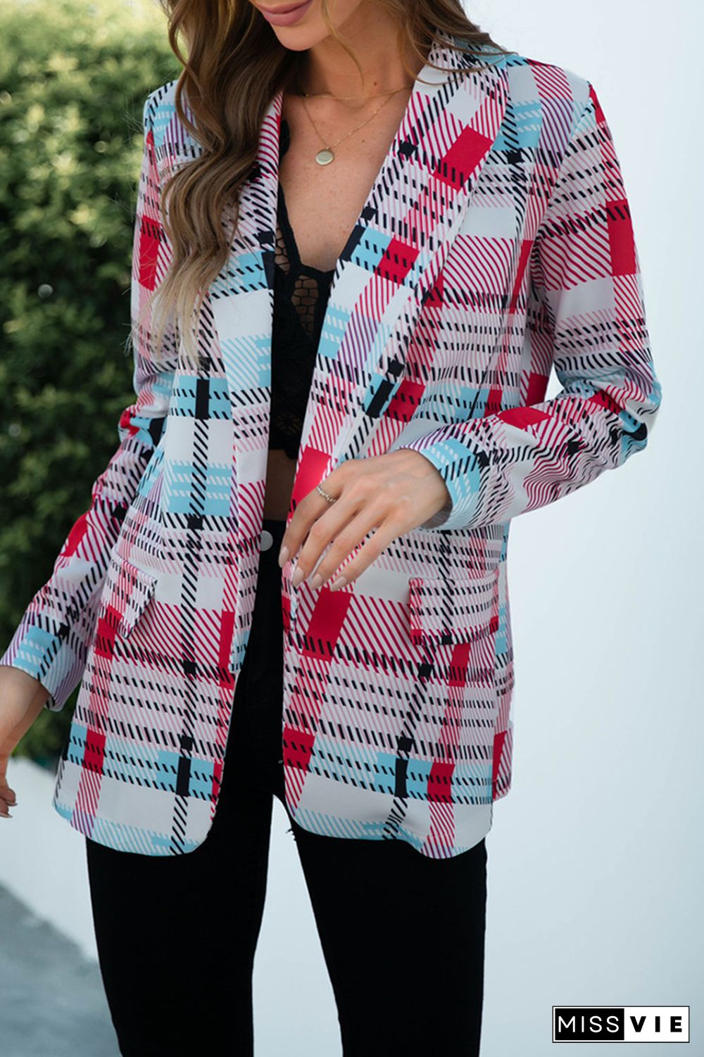 Plaid Open Front Long Sleeve Blazer Women Wholesale