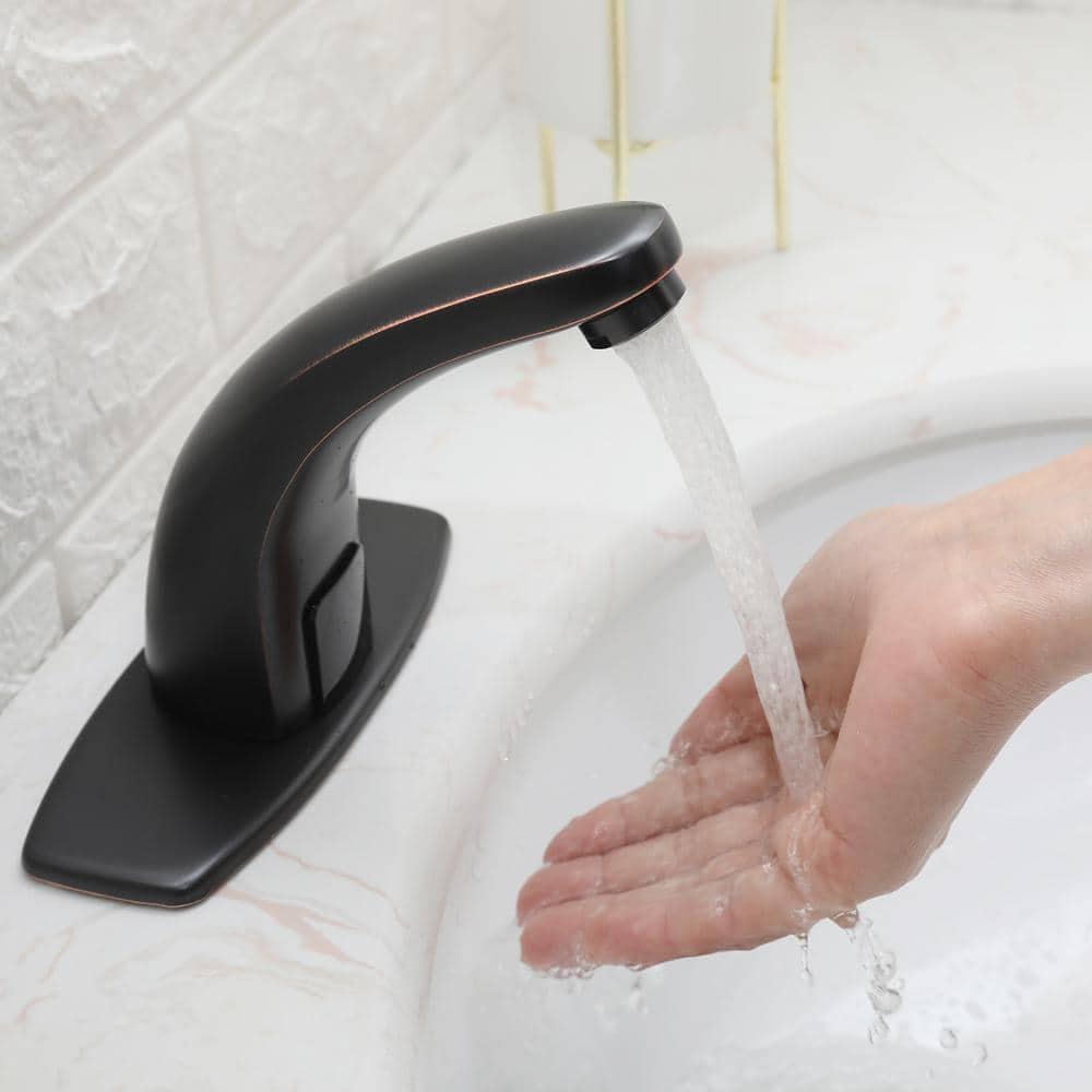 BWE DC Powered Commercial Touchless Single Hole Bathroom Faucet With Deck Plate and Pop Up Drain In Oil Rubbed Bronze