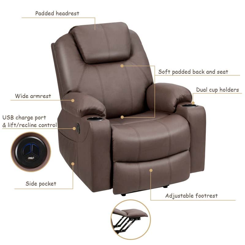 Electric Power Lift Recliner, Leather Massage Reclining Sofa, Elderly Lift Chair with Lumbar Heating & 8 Vibrating Nodes, Cup Holder, USB Port