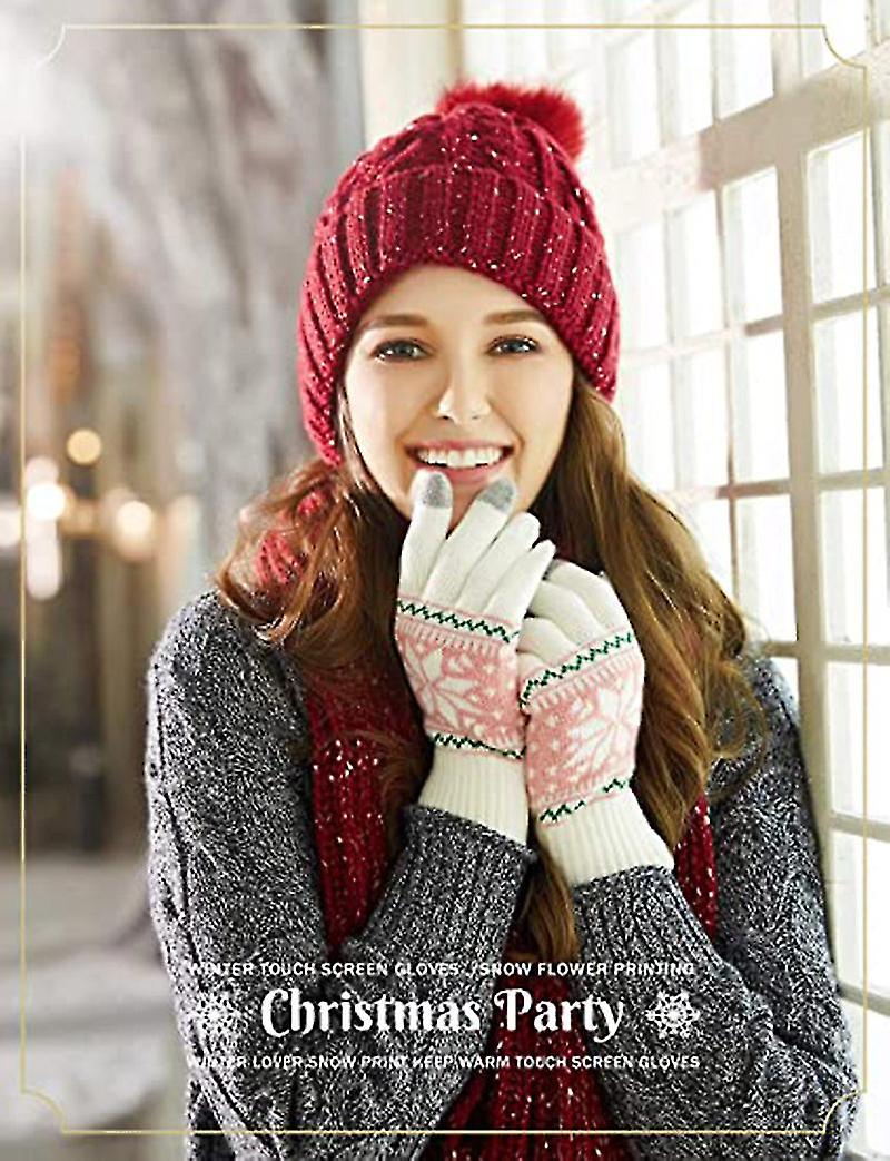 Winter Touch Screen Gloves Snow Flower Printing Keep Warm For Women And Men