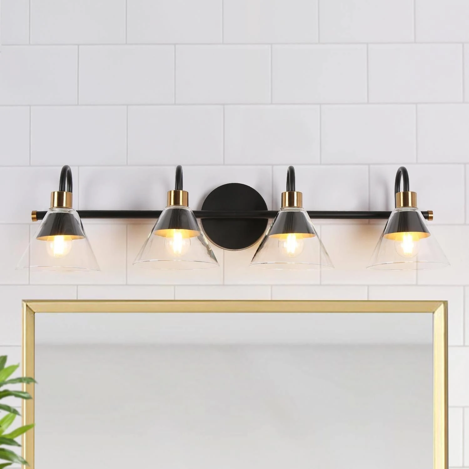 Petia Modern Farmhouse 4-Lights Black Bathroom Vanity Lights Wall Lamps with Cone Glass Shade - L 28