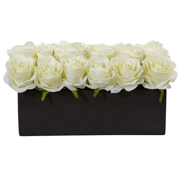 Nearly Natural 6 in Dozen Silk Roses In Ceramic Rectangular Planter