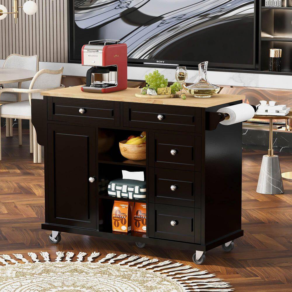 Black Rubber Wood Desktop 52.8 in. W Kitchen Island on 5-Wheels with Storage and 5-Drawers VJ026KIsland6