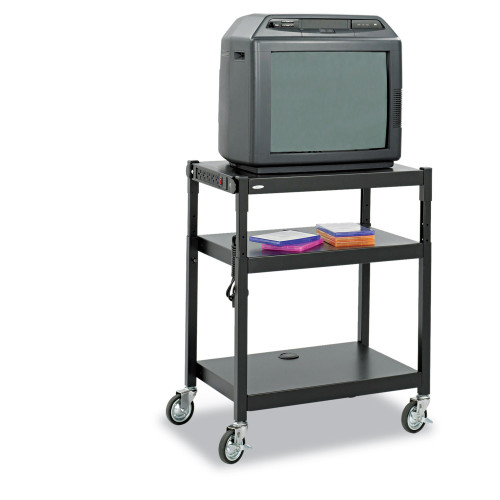 Safco Adjustable-Height Steel AV Cart， Metal， 3 Shelves， (5) AC Outlets， 120 lb Capacity， 27.25