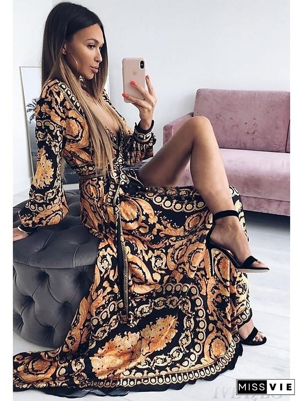 Women's Wrap Dress Maxi long Dress - Long Sleeve Other Print Spring & Summer Deep V Hot Boho Holiday Going out Beach  Yellow S M L XL XXL 3XL / vacation dresses