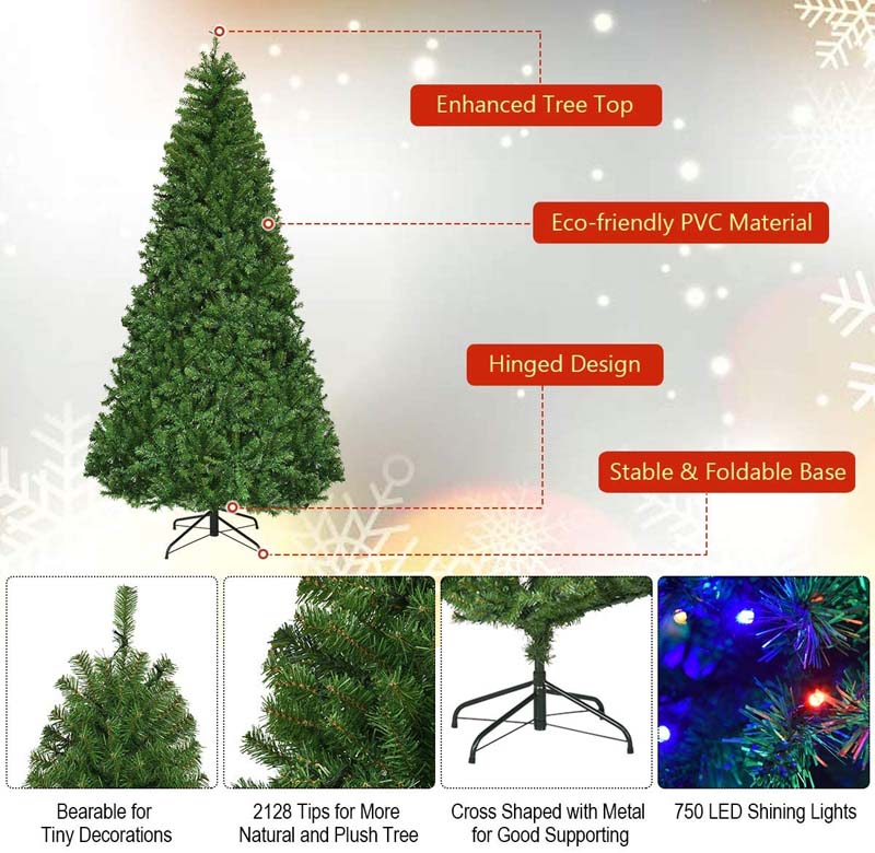 Premium Hinged Prelit Artificial Christmas Tree with Multi-Color LED Lights, 11 Lighting Modes, Metal Stand