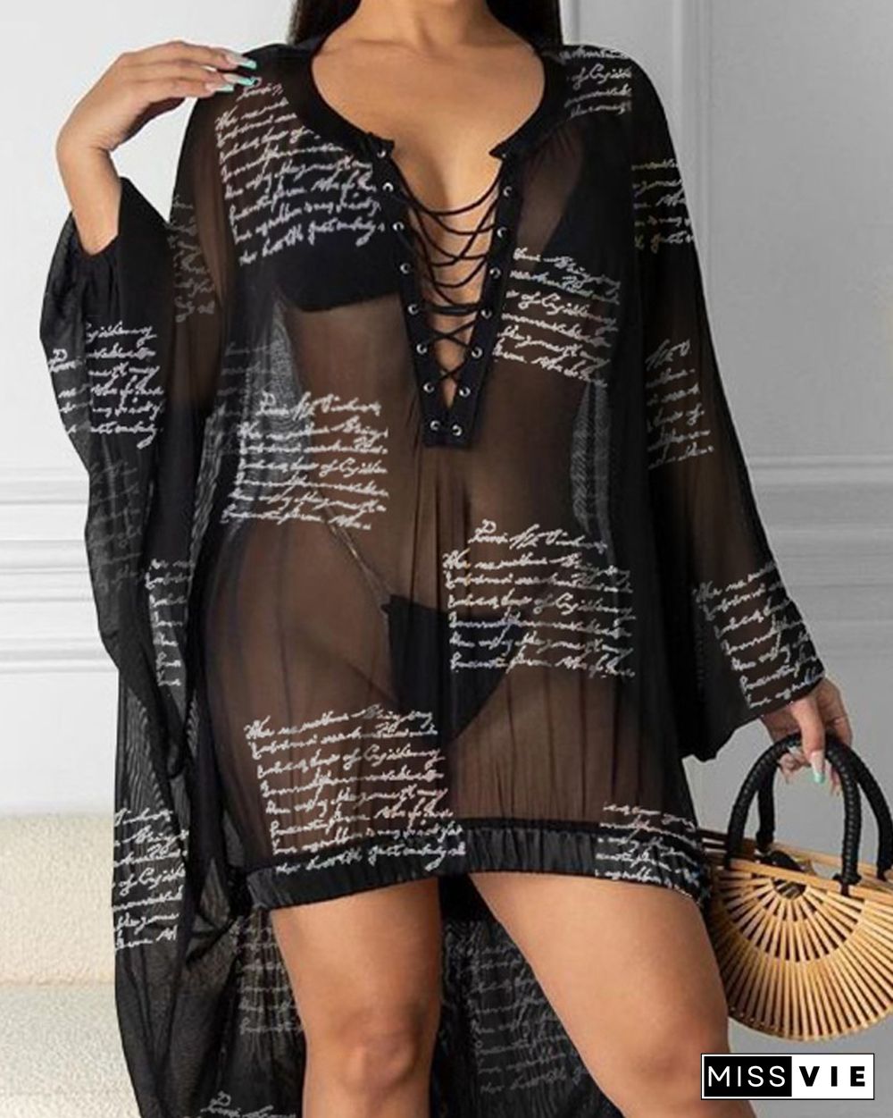 Letter Print Eyelet Lace-up Sheer Mesh Dip Hem Cover Up