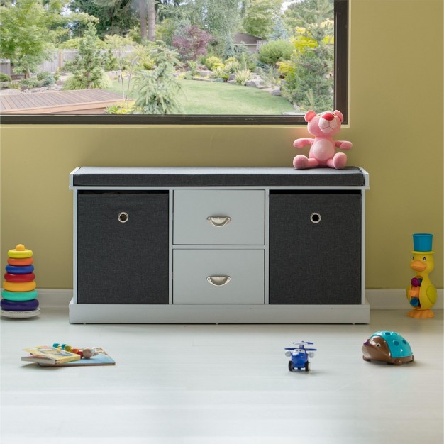 Basicwise Mdf Storage Box Shoe Bench With 2 Shelves Foldable Baskets And A Gray Cushion White