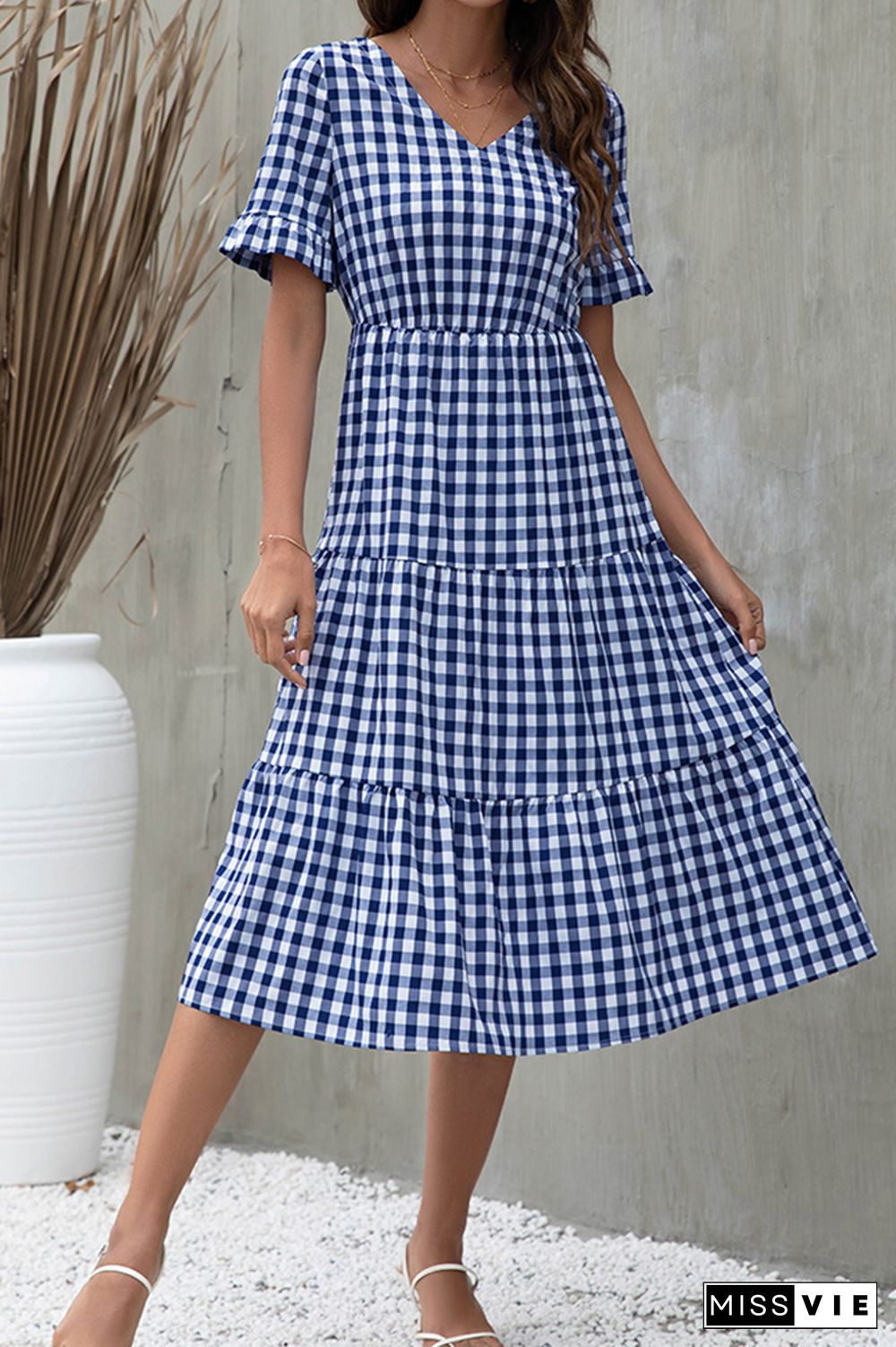 Plaid Print Short Sleeve Midi Dress Wholesale