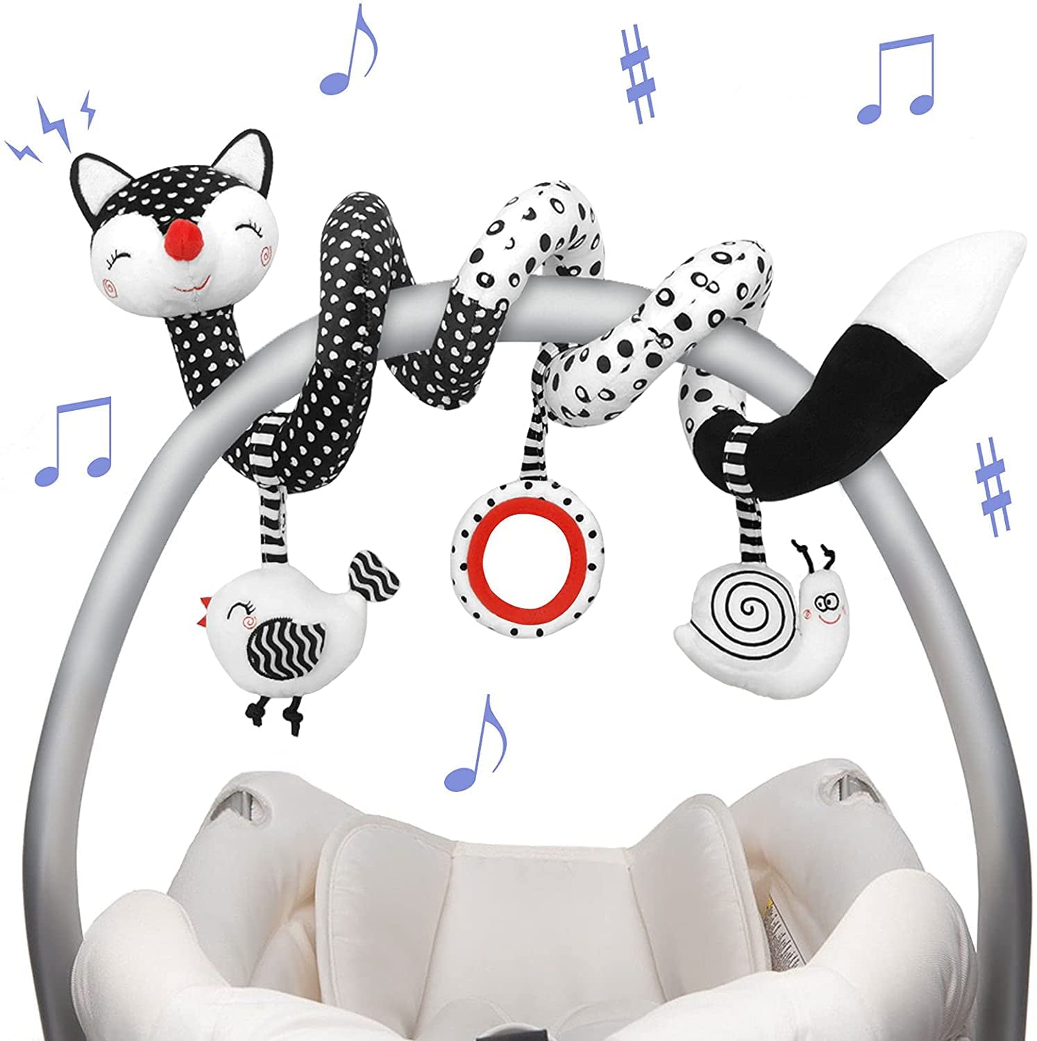 Baby Spiral Plush Toys， Black White Stroller Toy Stretch and Spiral Activity Toy Car Seat Toys， Hanging Rattle Toys for Crib Mobile