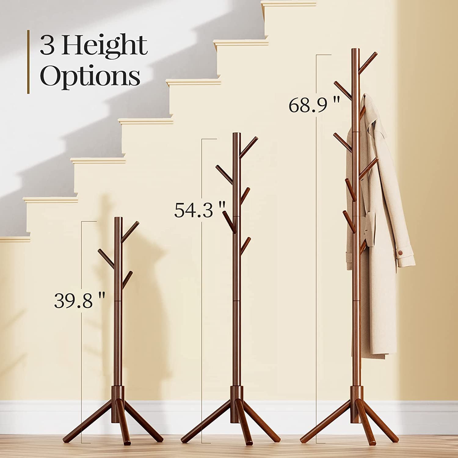 Coat Rack Stand with 3 Height Options and 8 Hooks Wooden Freestanding Coat Rack for Home， Office， Entryway， Hallway