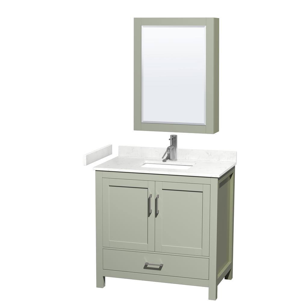 Wyndham Collection Sheffield 36 in. W x 22 in. D x 35 in. H Single Bath Vanity in Light Green with Carrara Cultured Marble Top  MC Mirror WCS141436SLGC2UNSMED