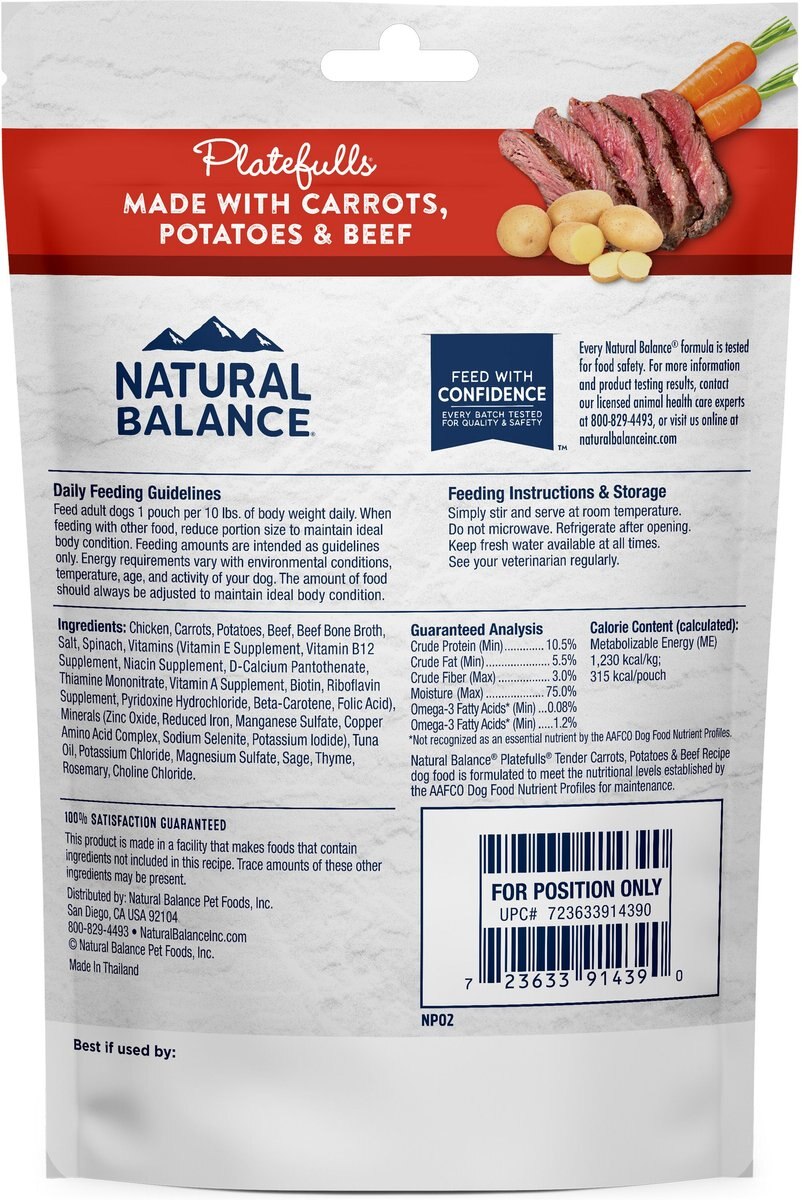 Natural Balance Original Ultra Platefulls Tender Carrot， Potato and Beef Recipe Wet Dog Food， 9-oz pouch， case of 12