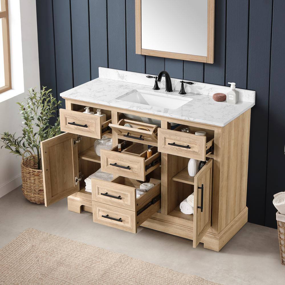 Home Decorators Collection Doveton 48 in. W x 19 in. D x 34.50 in. H Freestanding Vanity in Weathered Tan with White Engineered Stone Top Doveton 48WT