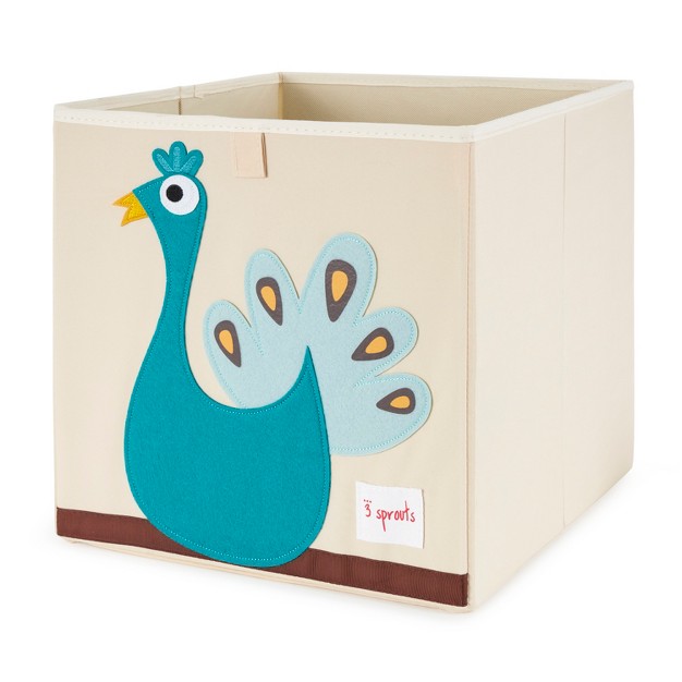 3 Sprouts Children x27 s Unisex Foldable Fabric Storage Box Soft Toy Bin Easy Storage For Essentials And Toys Tan With Hedgehog And Peacock Designs