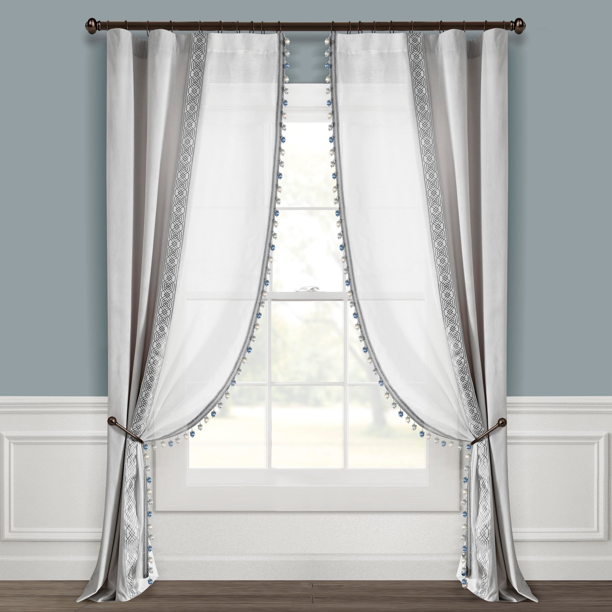 Luxury Vintage Velvet & Sheer With Border Pompom Trim Window Curtain Panel