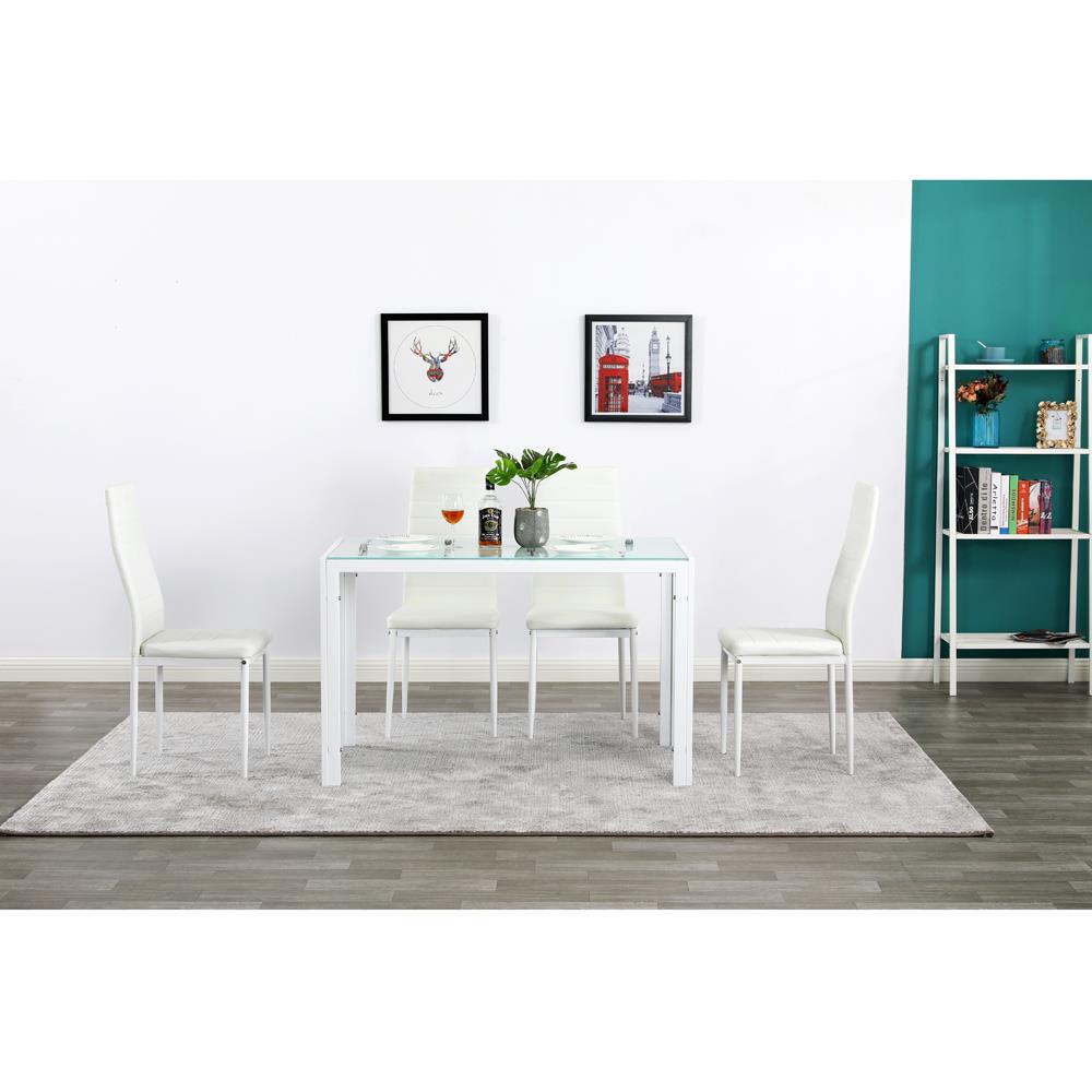 Zimtown Dining Table Set for 4, Kitchen Dining Room Table and 4 Chairs White Glass Dining Table with PU Leather Chairs, White