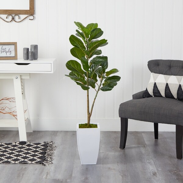 4' Fiddle Leaf Fig Artificial Tree in White Metal Planter