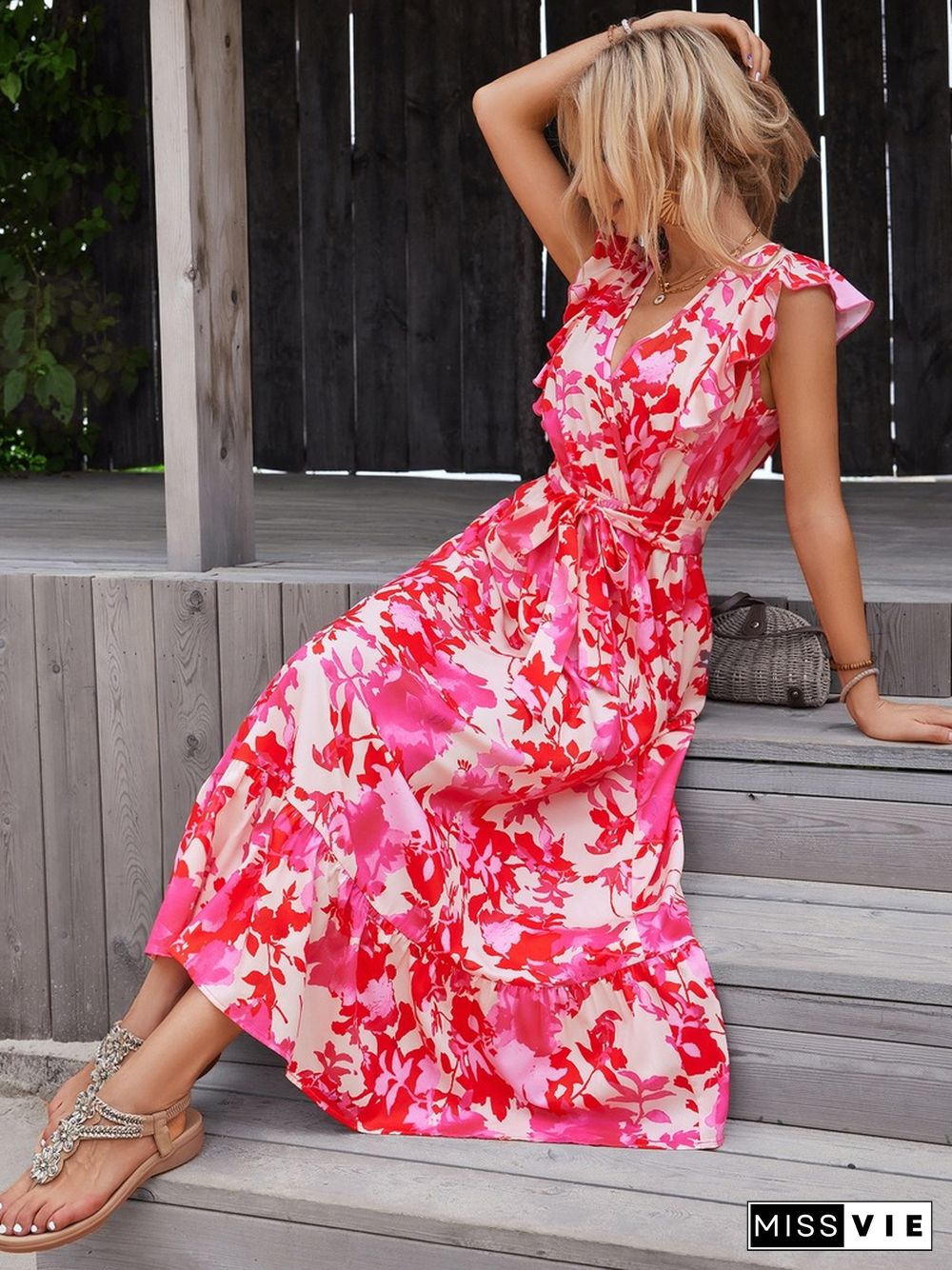 Elegant Floral Print Dress For Women Summer Dresses New Skinny V-Neck Short Flyer Sleeves Lace-up A-line Maxi Dress